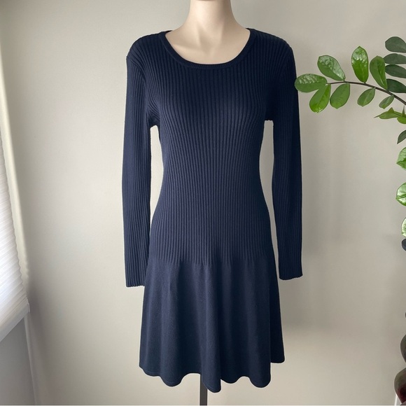 Calvin Klein Ribbed Long Sleeve Midi Sweater Knit Dress Drop Waist Navy Blue - Picture 1 of 7
